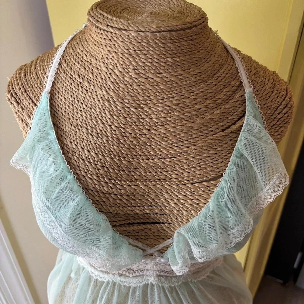 Betsey Johnson Aqua Blue Babydoll Lingerie Lace Trim Ruffle Halter Y2K - Picture 9 of 12